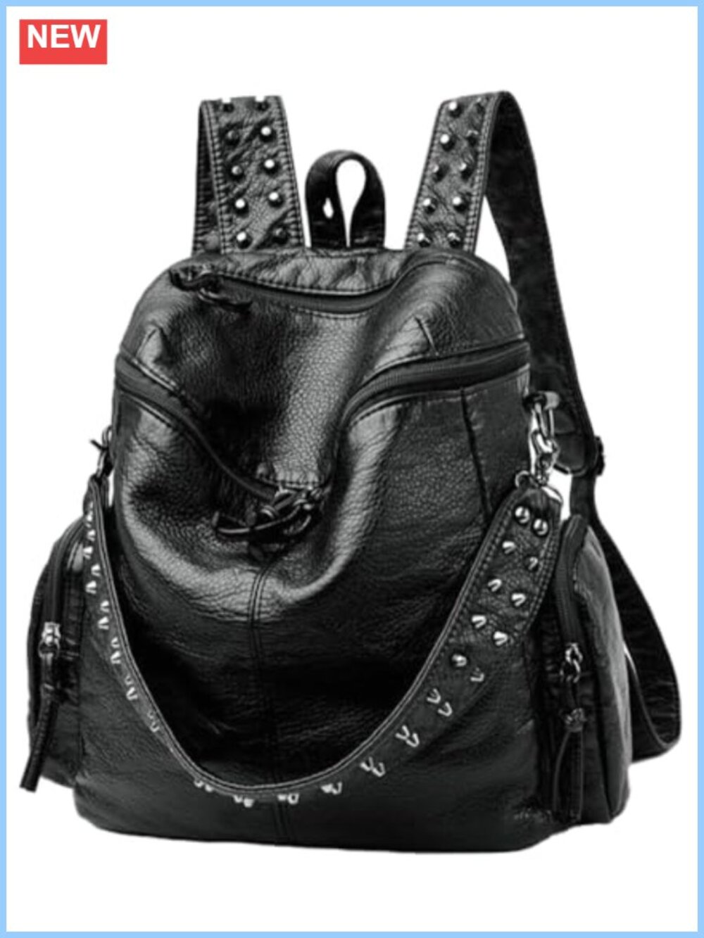 Vegan PU Leather Studded Backpack Purse with Knotted Zippers - Travel Daypack